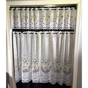 Floral Lace Curtain Set with Valance & Tiers